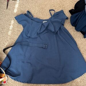 Blue Ruffle Cold-Shoulder Dress with Belt